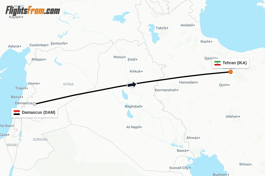 Flights from Damascus to Tehran route map