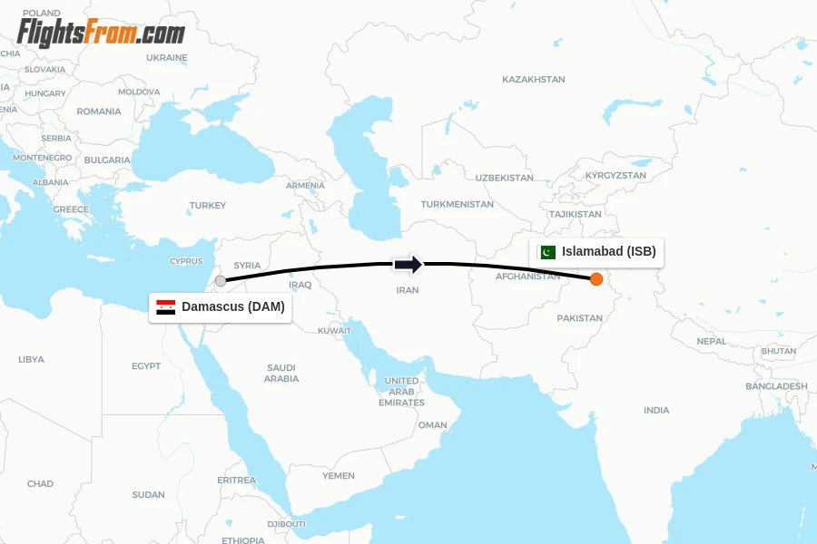 Flights from Damascus to Islamabad route map