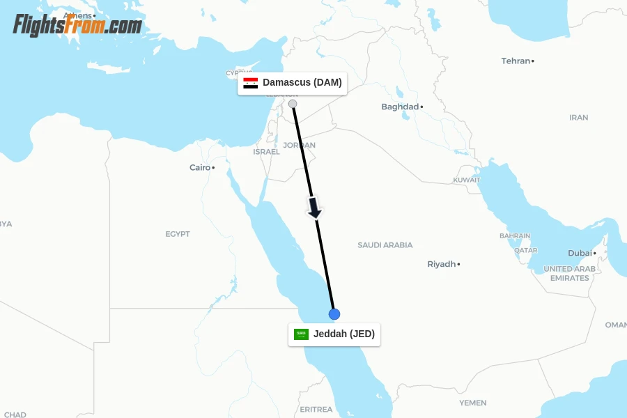 Flights from Damascus to Jeddah route map