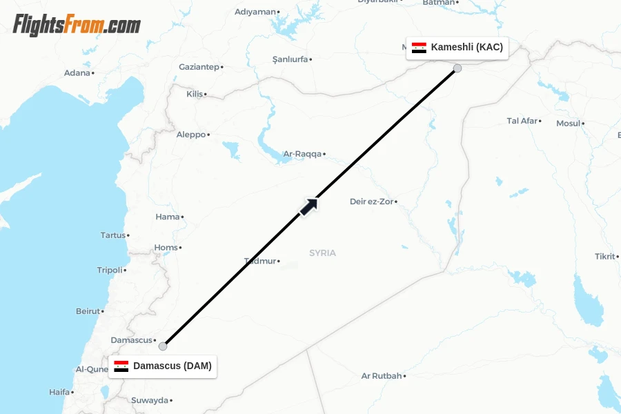 Flights from Damascus to Kameshli route map