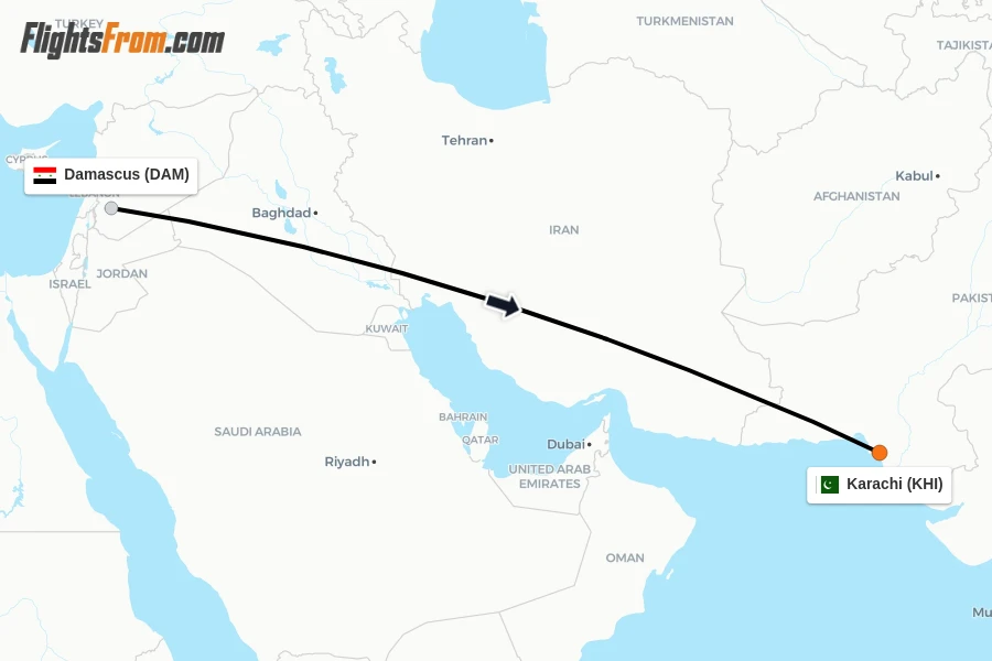 Flights from Damascus to Karachi route map