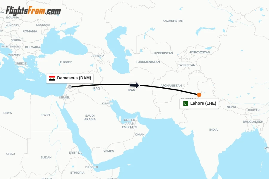 Flights from Damascus to Lahore route map