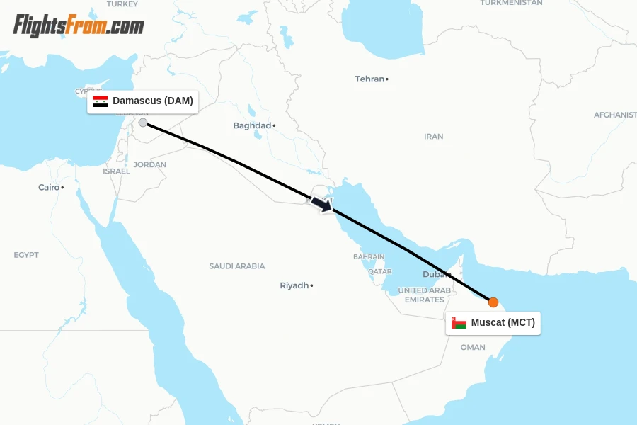 Flights from Damascus to Muscat route map