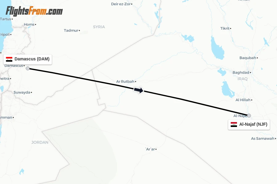 Flights from Damascus to Al-Najaf route map