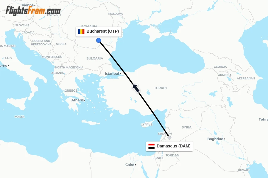 Flights from Damascus to Bucharest route map