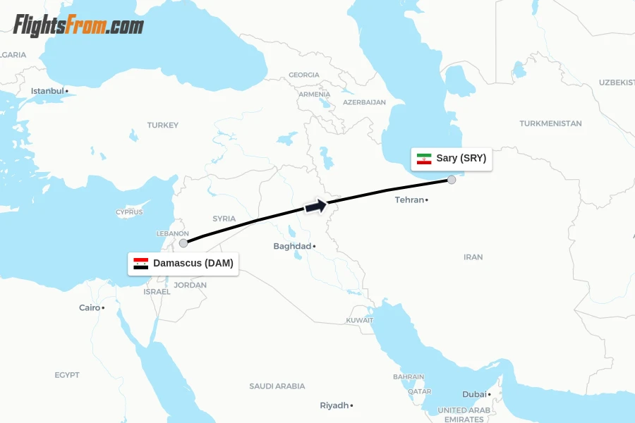 Flights from Damascus to Sary route map