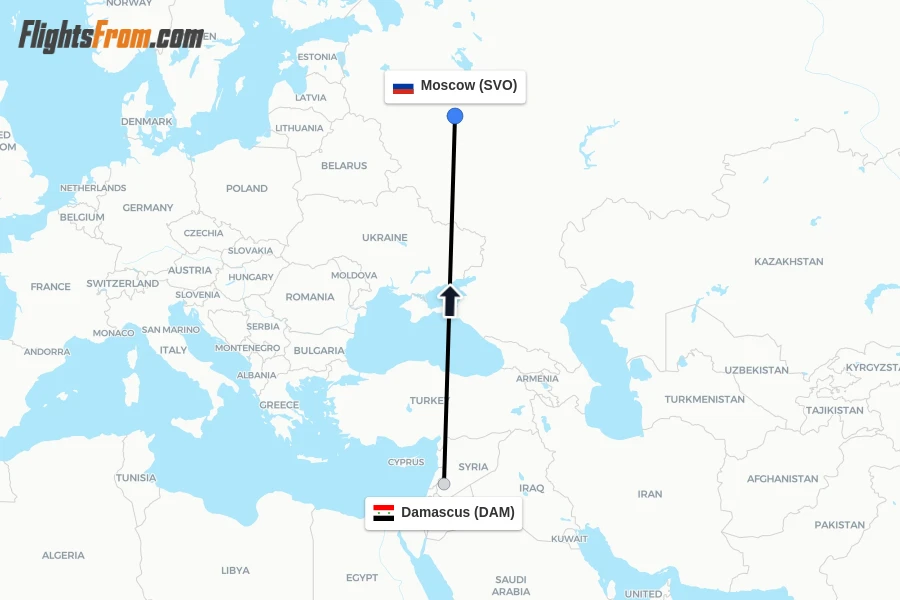 Flights from Damascus to Moscow route map