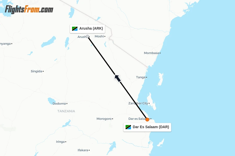 Flights from Dar Es Salaam to Arusha route map