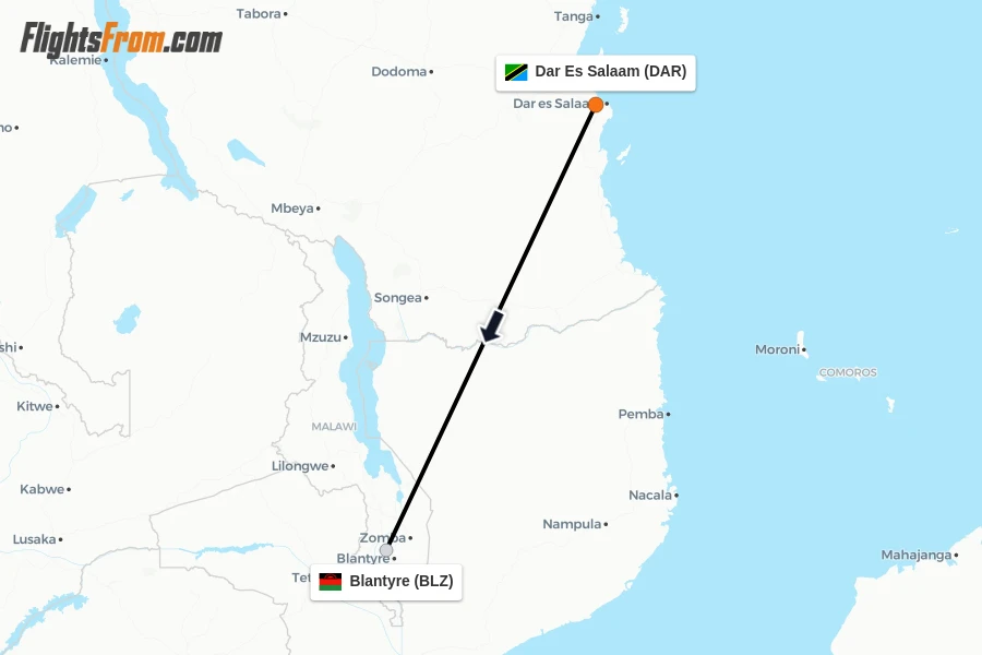 Flights from Dar Es Salaam to Blantyre route map