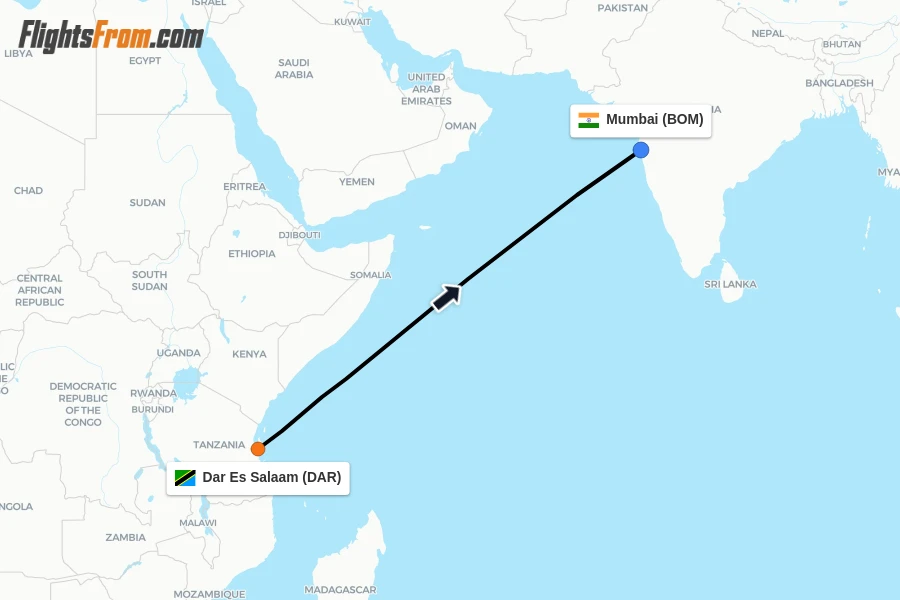 Flights from Dar Es Salaam to Mumbai route map