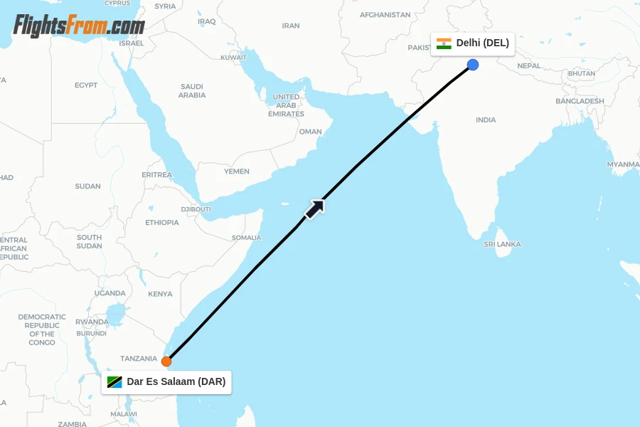 Flights from Dar Es Salaam to Delhi route map