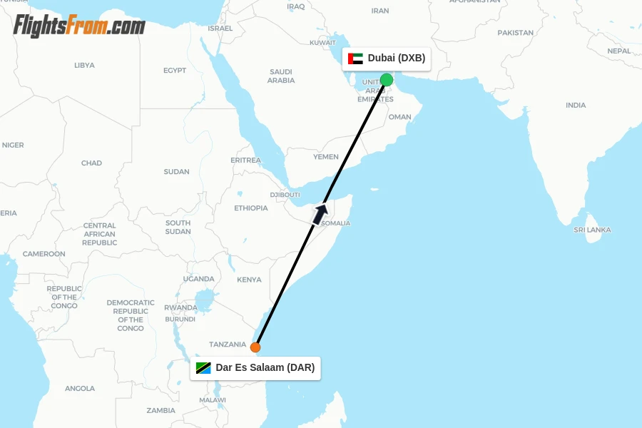 Flights from Dar Es Salaam to Dubai route map
