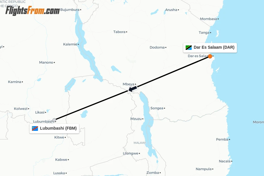 Flights from Dar Es Salaam to Lubumbashi route map