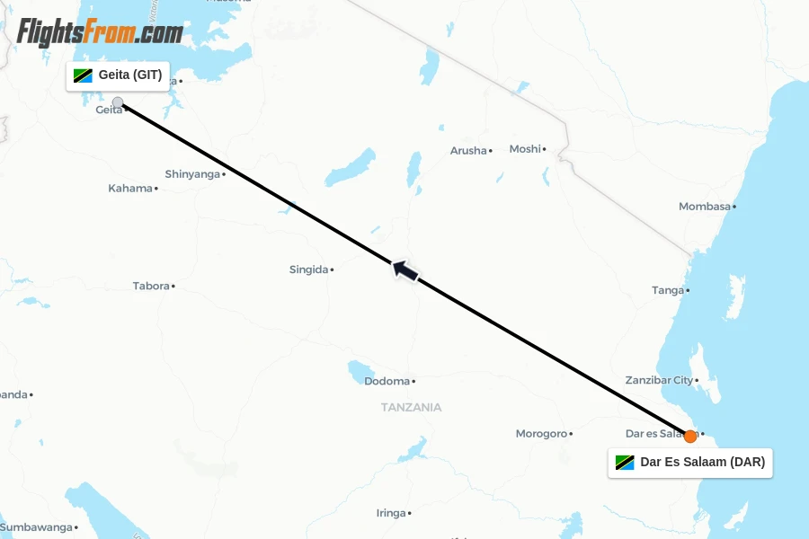 Flights from Dar Es Salaam to Geita route map