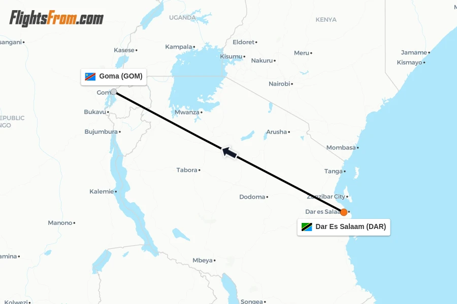 Flights from Dar Es Salaam to Goma route map