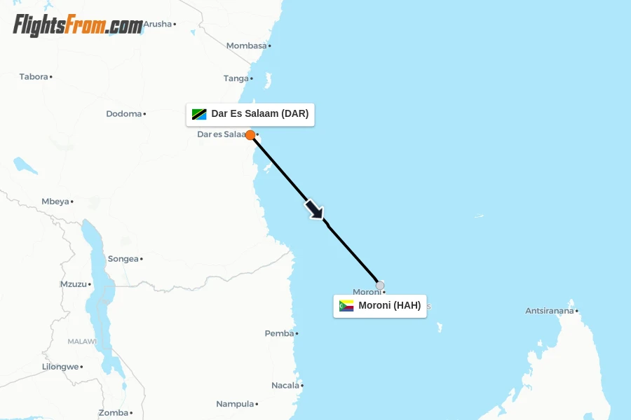Flights from Dar Es Salaam to Moroni route map