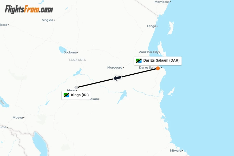 Flights from Dar Es Salaam to Iringa route map