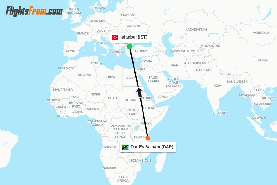 Flights from Dar Es Salaam to Istanbul route map