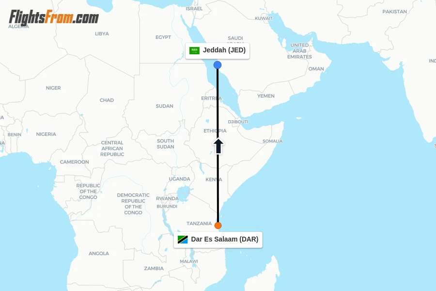Flights from Dar Es Salaam to Jeddah route map