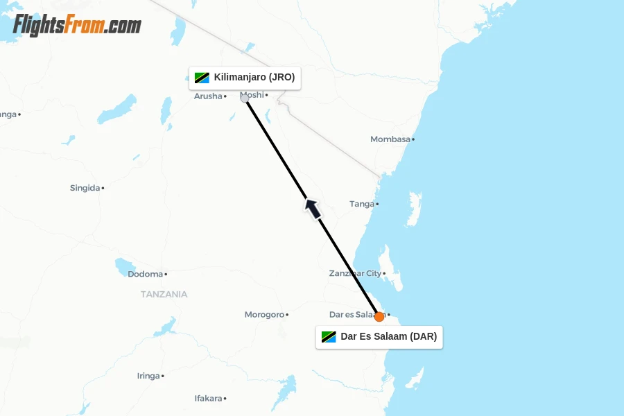 Flights from Dar Es Salaam to Kilimanjaro route map