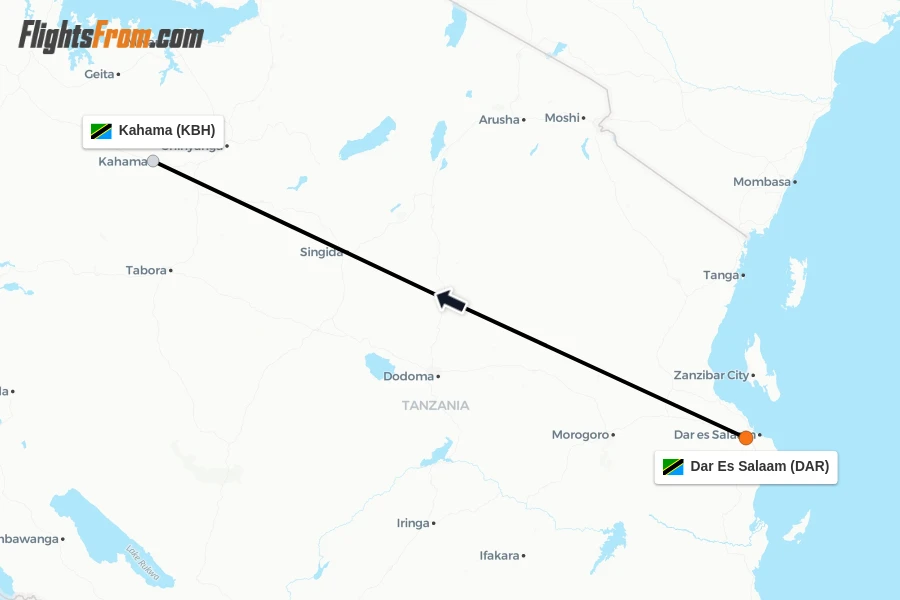 Flights from Dar Es Salaam to Kahama route map