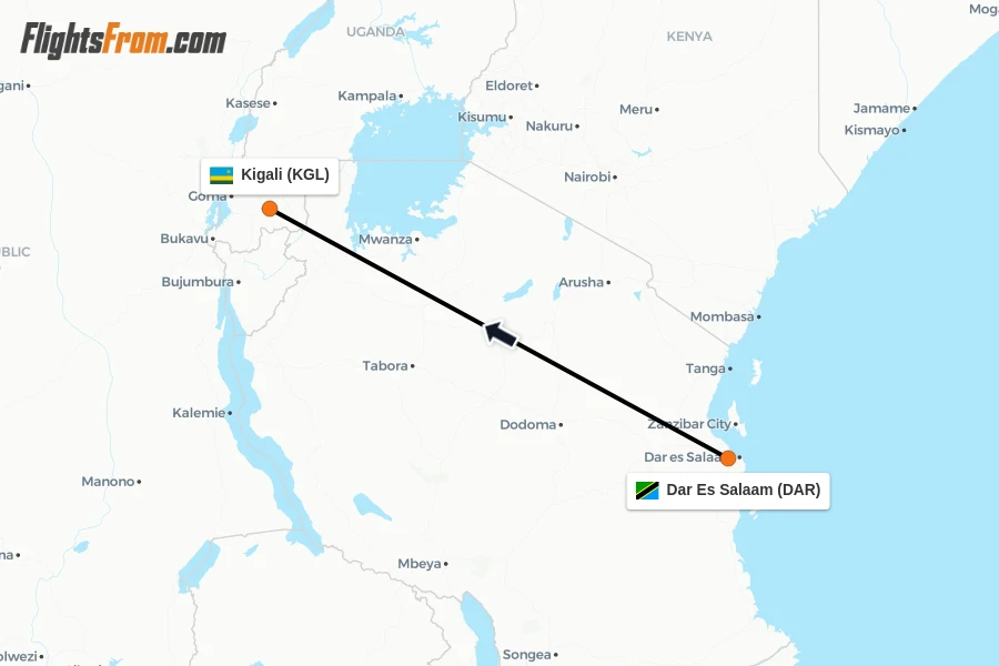 Flights from Dar Es Salaam to Kigali route map