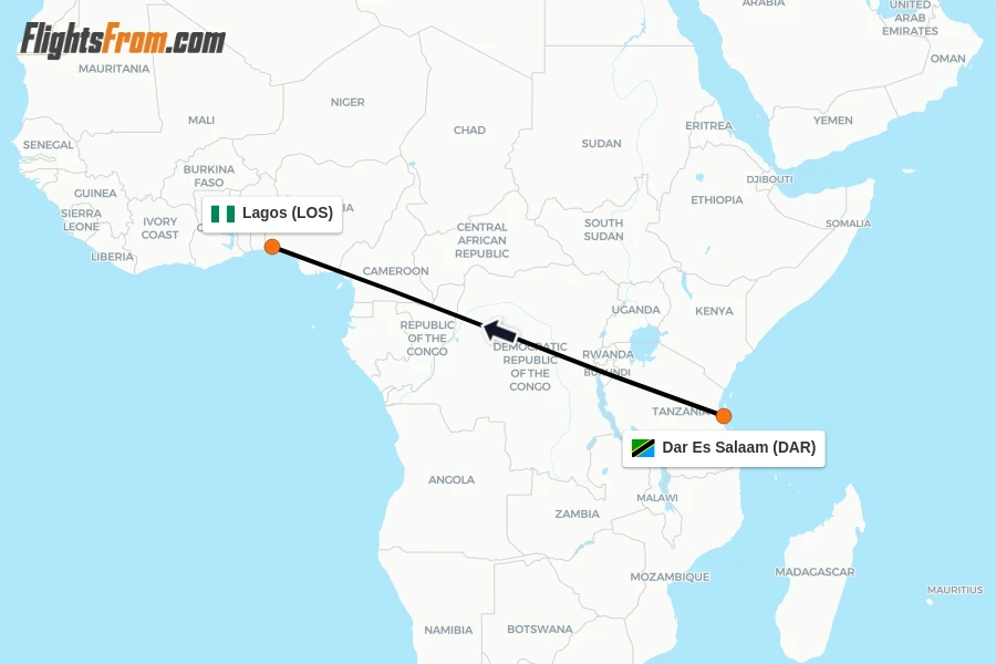 Flights from Dar Es Salaam to Lagos route map