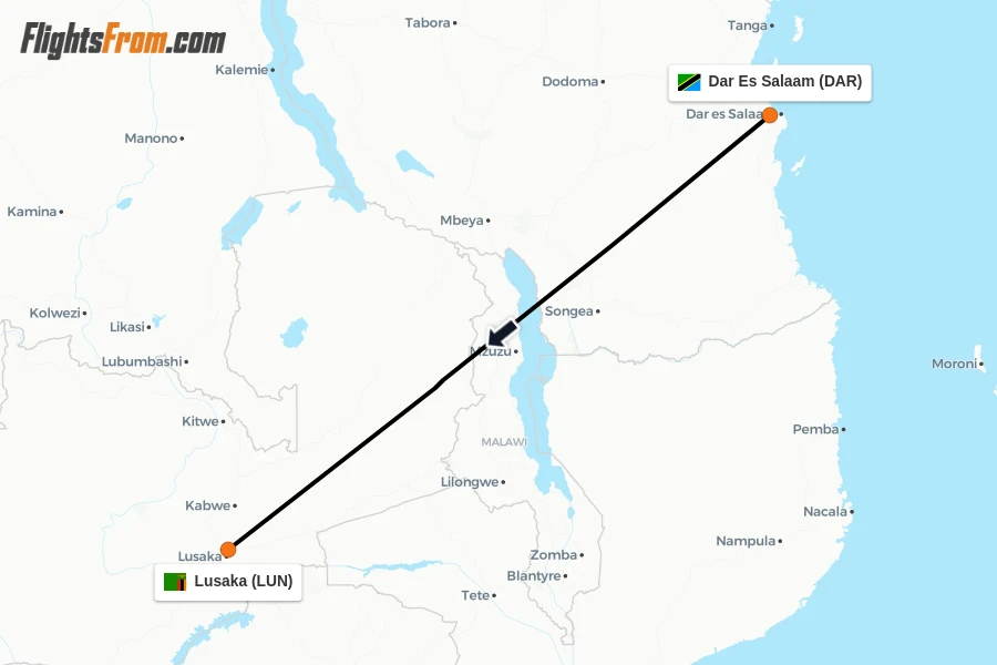 Flights from Dar Es Salaam to Lusaka route map