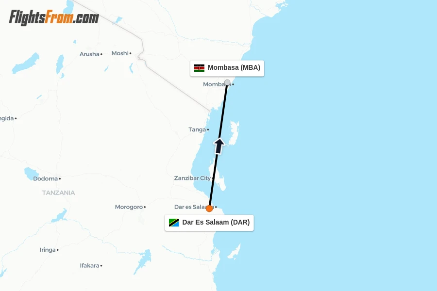 Flights from Dar Es Salaam to Mombasa route map