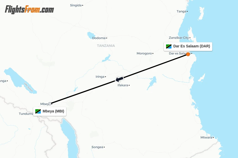 Flights from Dar Es Salaam to Mbeya route map