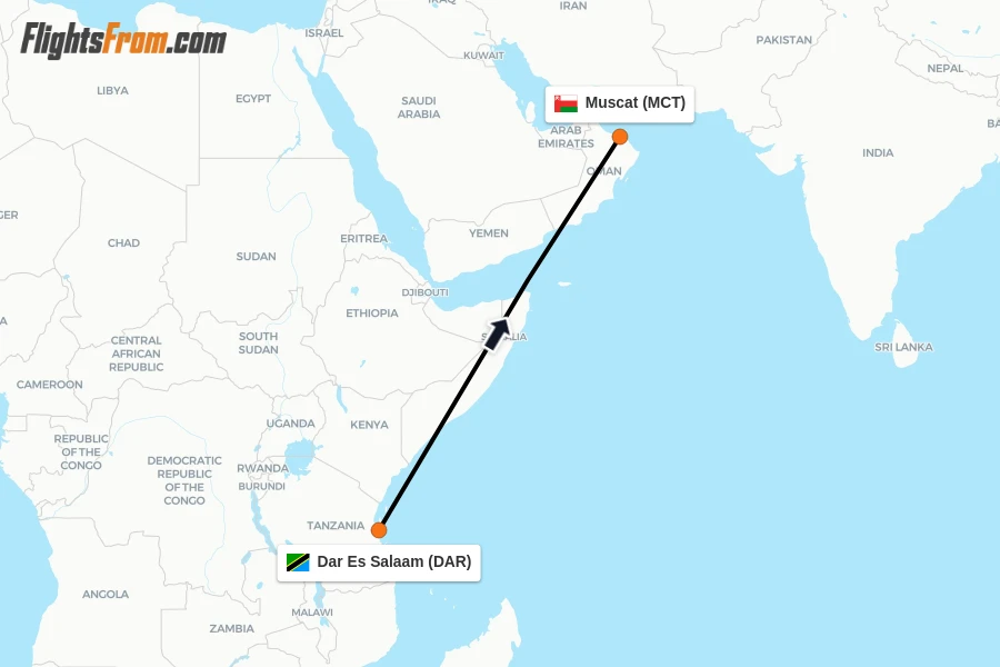 Flights from Dar Es Salaam to Muscat route map