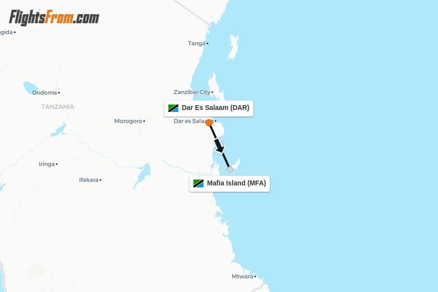 Flights from Dar Es Salaam to Mafia Island route map