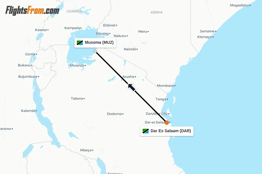 Flights from Dar Es Salaam to Musoma route map
