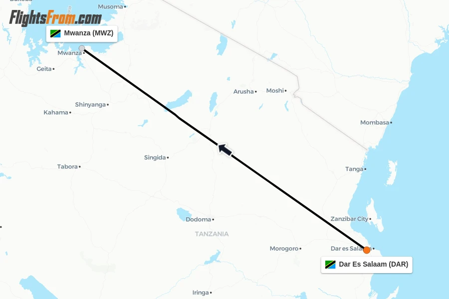 Flights from Dar Es Salaam to Mwanza route map