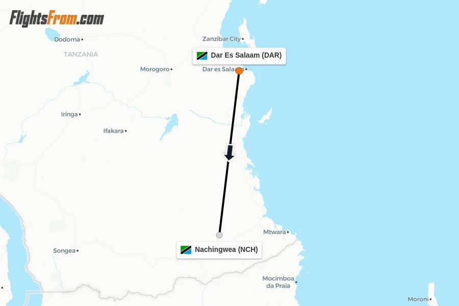 Flights from Dar Es Salaam to Nachingwea route map