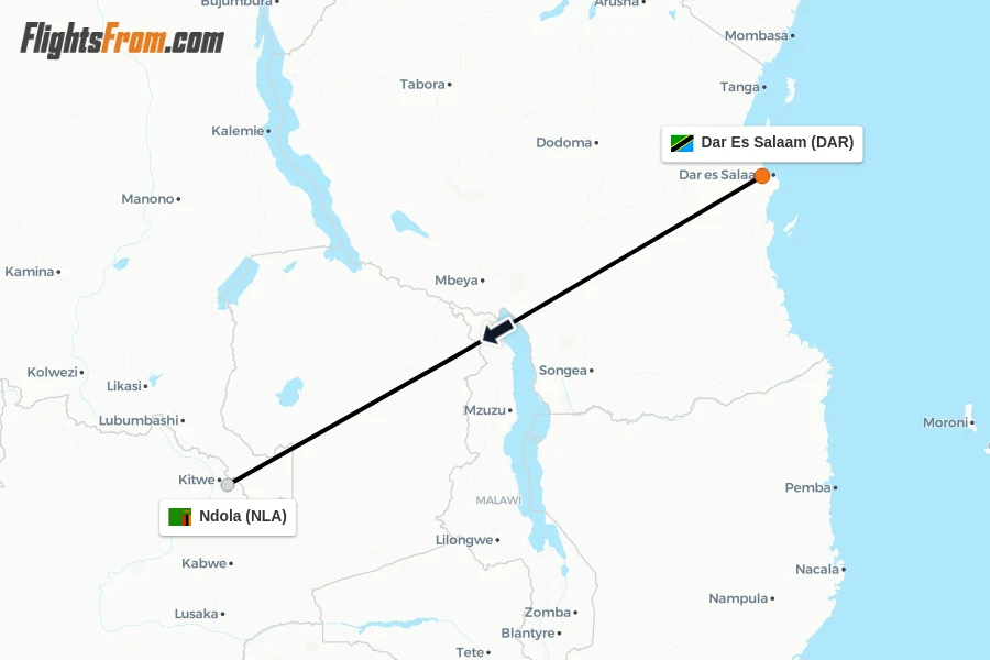 Flights from Dar Es Salaam to Ndola route map