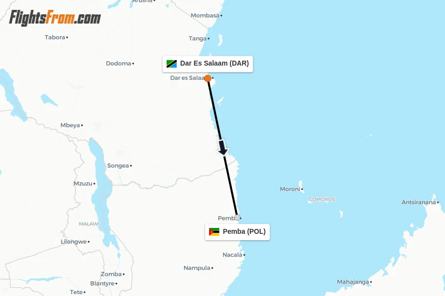 Flights from Dar Es Salaam to Pemba route map