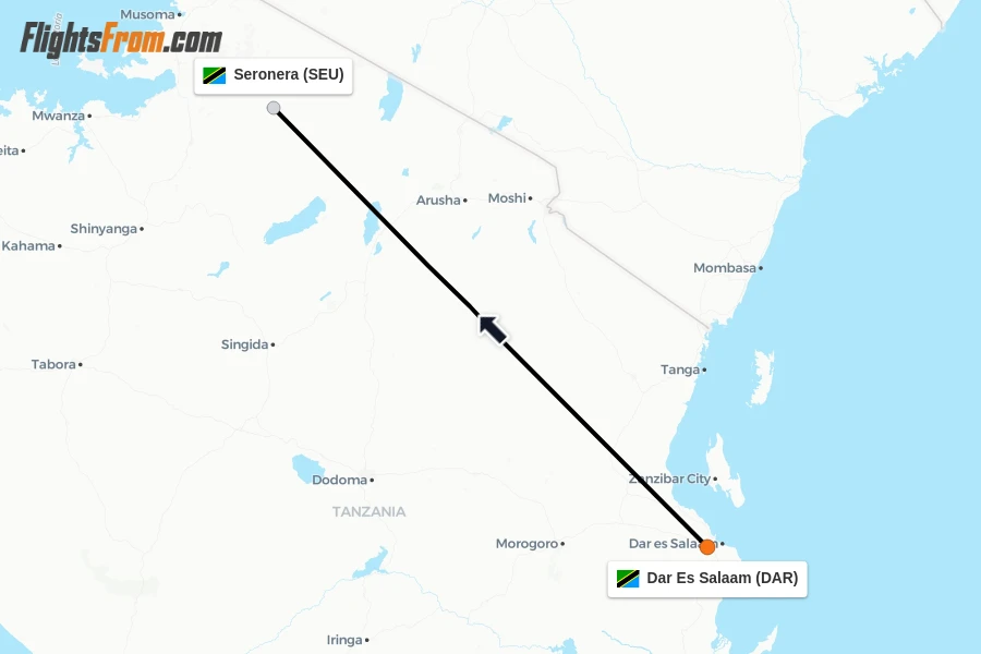 Flights from Dar Es Salaam to Seronera route map