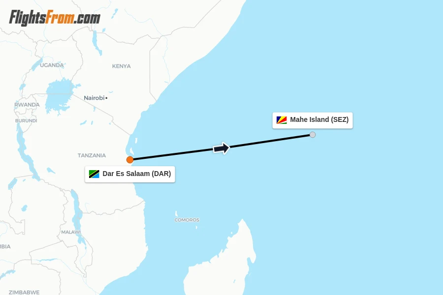 Flights from Dar Es Salaam to Mahe Island route map