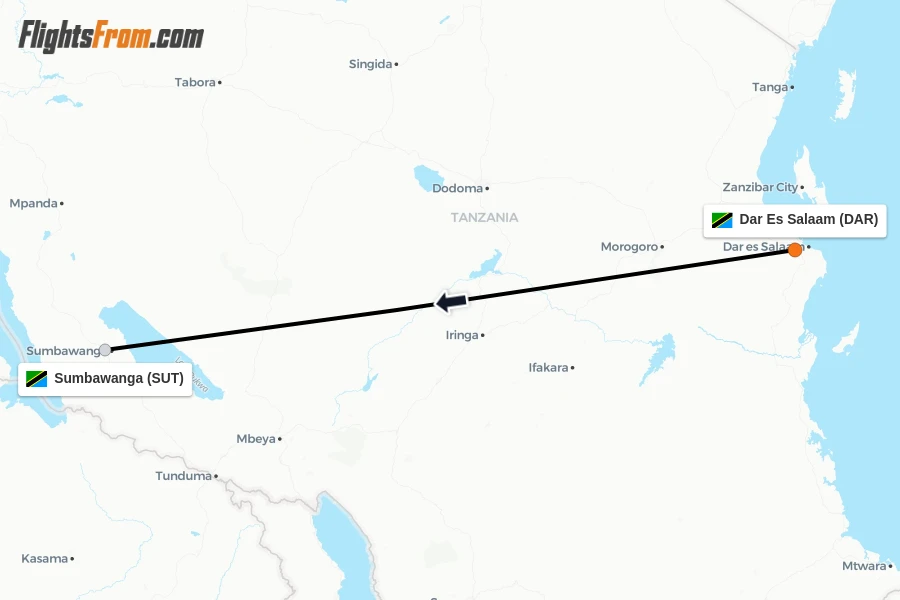 Flights from Dar Es Salaam to Sumbawanga route map
