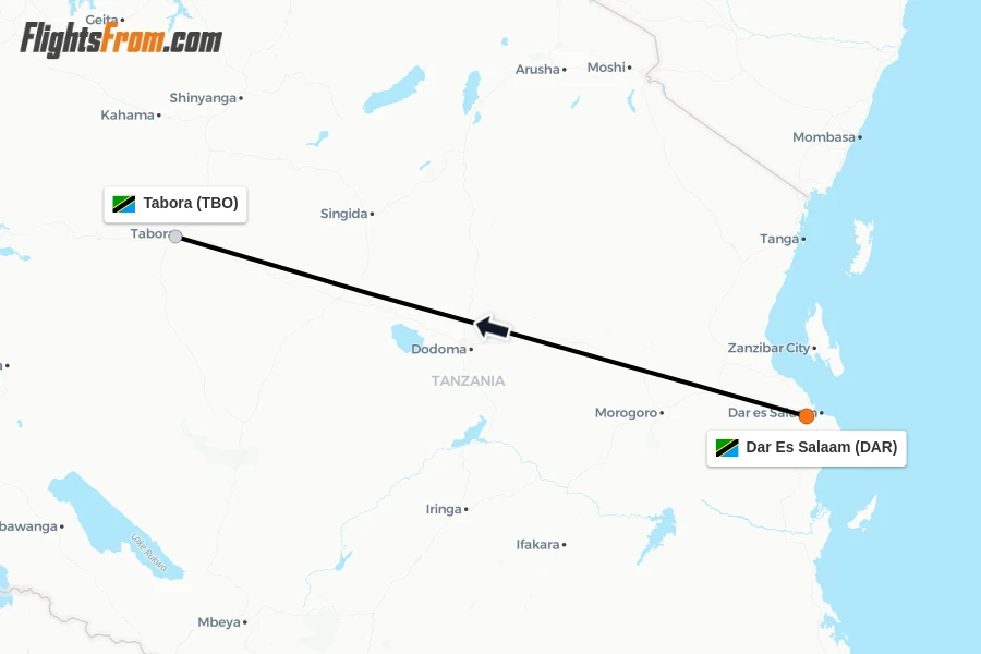 Flights from Dar Es Salaam to Tabora route map
