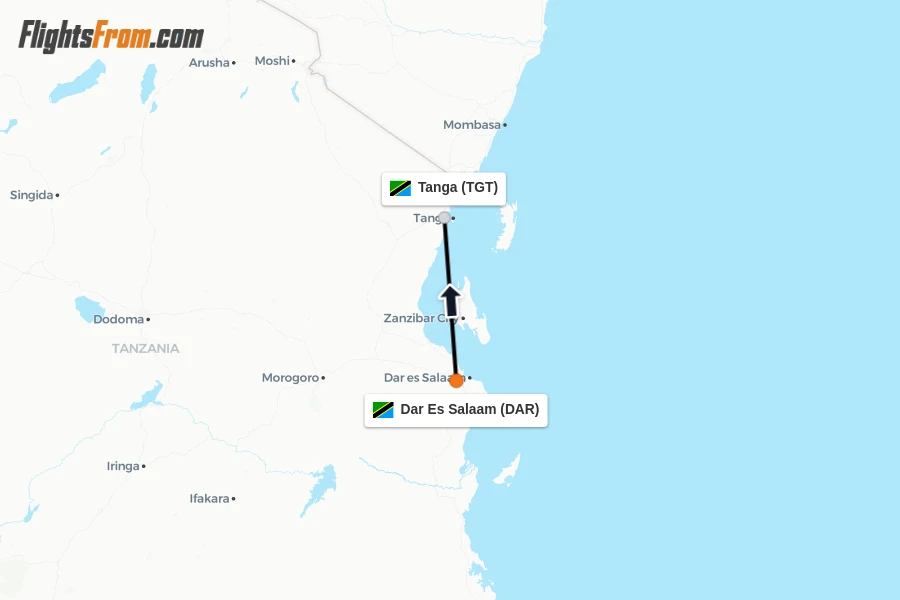 Flights from Dar Es Salaam to Tanga route map