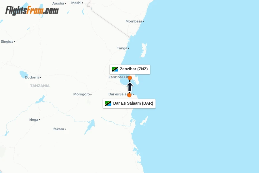 Flights from Dar Es Salaam to Zanzibar route map