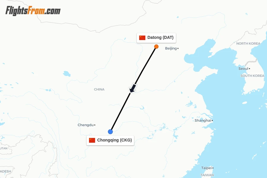 Flights from Datong to Chongqing route map