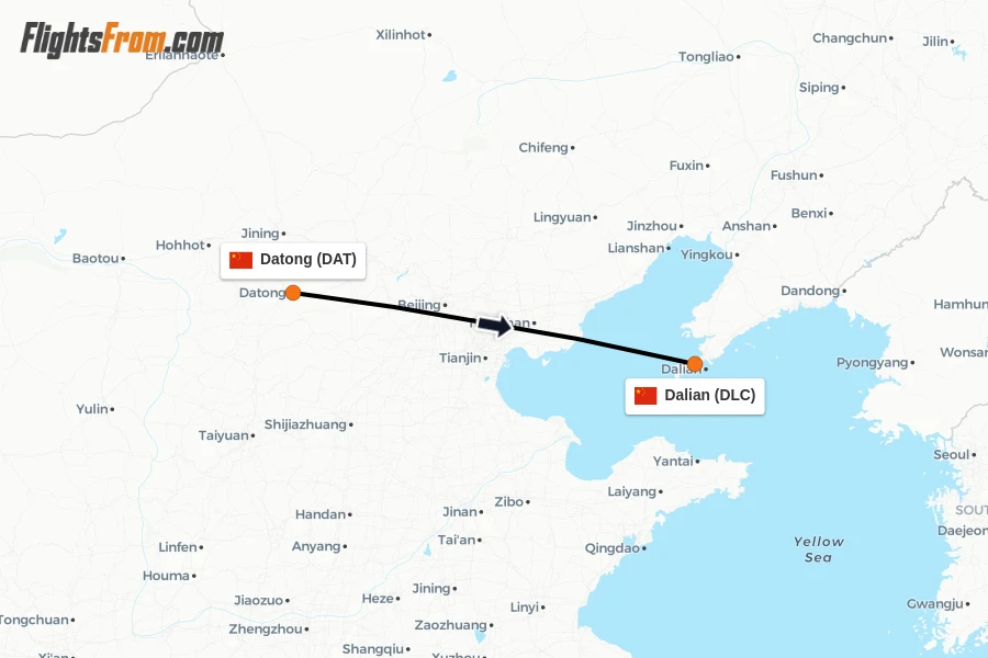 Flights from Datong to Dalian route map
