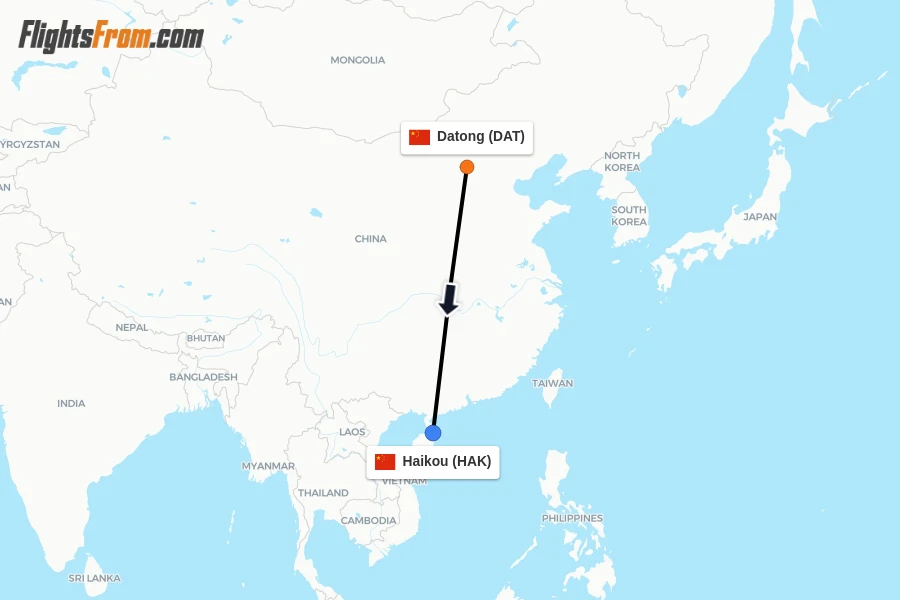 Flights from Datong to Haikou route map