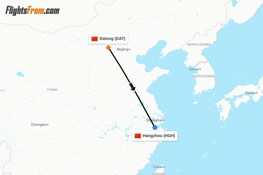 Flights from Datong to Hangzhou route map
