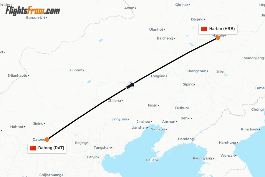 Flights from Datong to Harbin route map
