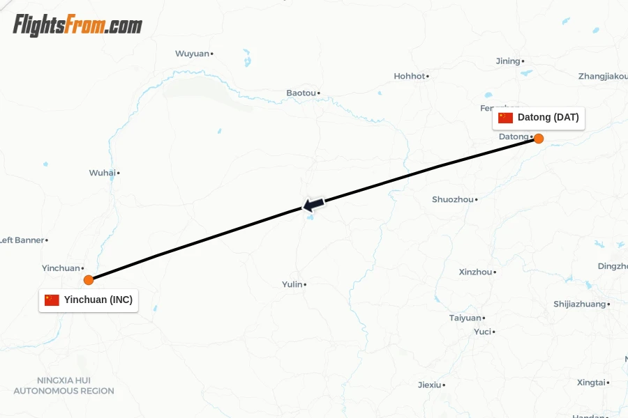 Flights from Datong to Yinchuan route map