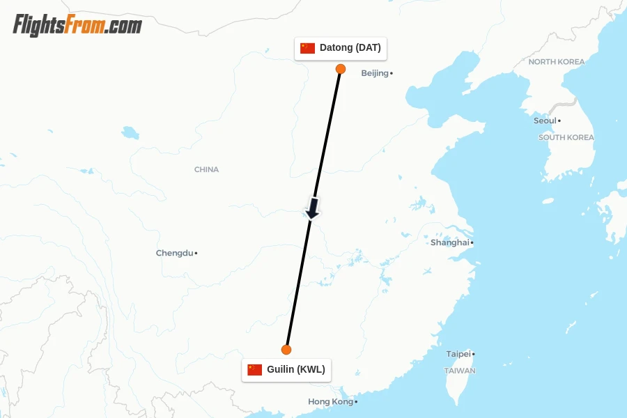 Flights from Datong to Guilin route map